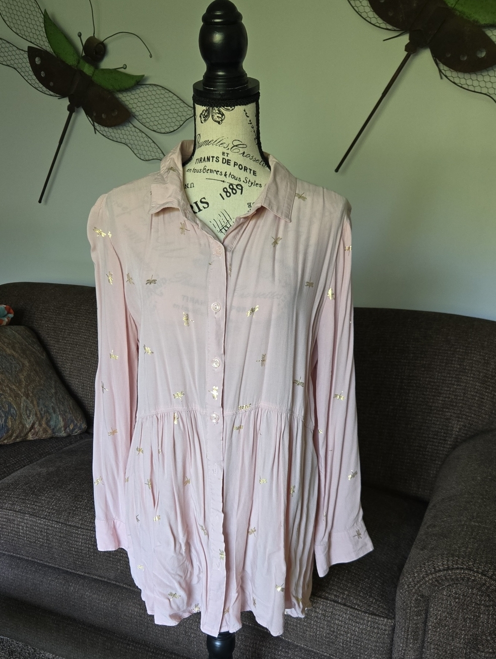 Solitaire Light Pink Blouse with Gold Foil DRAGONFLIES Detail